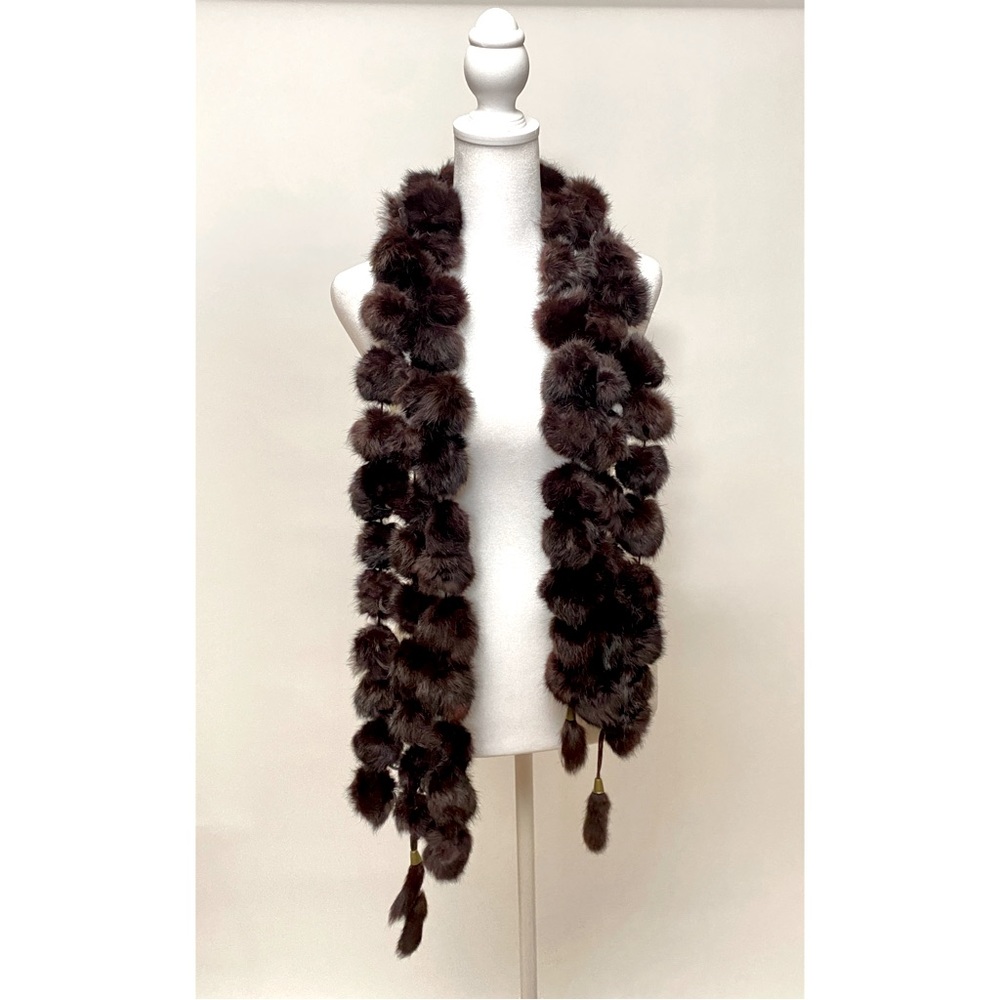 Dark Brown Pom Pom Rabbit Fur Scarf